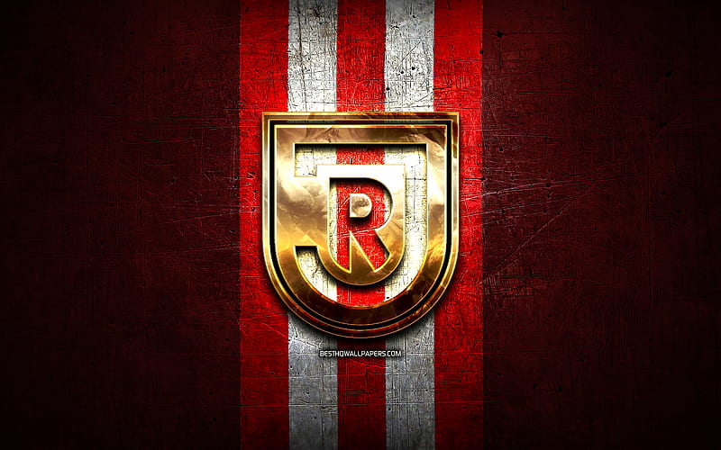 Jahn Regensburg FC, golden logo, Bundesliga 2, red metal background, football, SSV Jahn Regensburg, german football club, Jahn Regensburg logo, soccer, Germany, HD wallpaper
