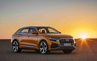 Audi Q8, 2019 luxury SUV, exterior, front view, new yellow Q8, German cars, Audi, HD wallpaper