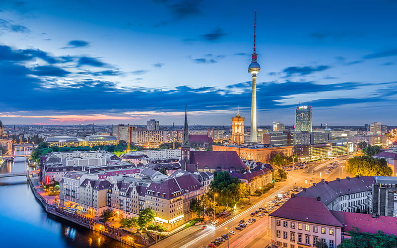 Berlin, evening, 4к, Berlin TV tower, city lights, cityscape, Germany, HD wallpaper