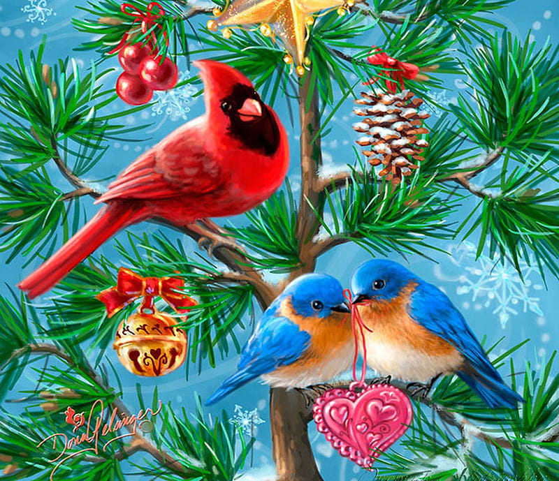 Christmas Guests, cardinals, tree, decoration, painting, birds, songbirds, artwork, HD wallpaper