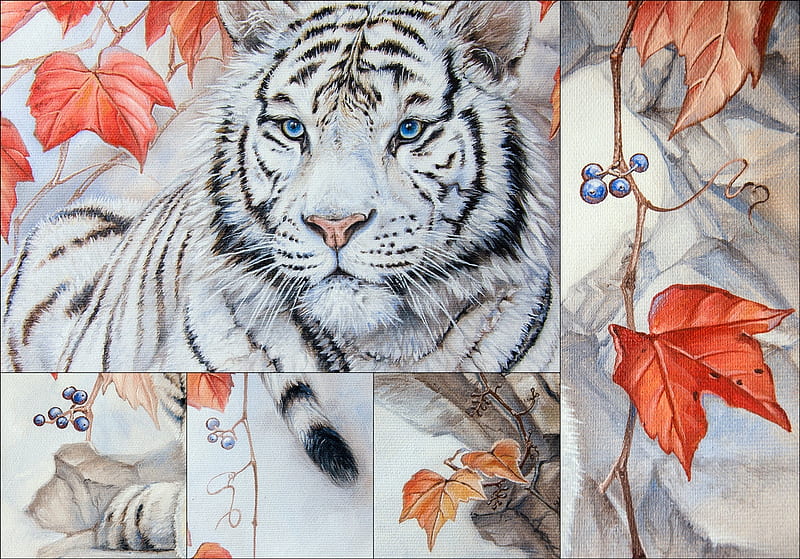 Autumn beauty collage, art, autumn, luminos, orange, tiger, collage, irenadem, animal, leaf, fantasy, face, tigru, HD wallpaper