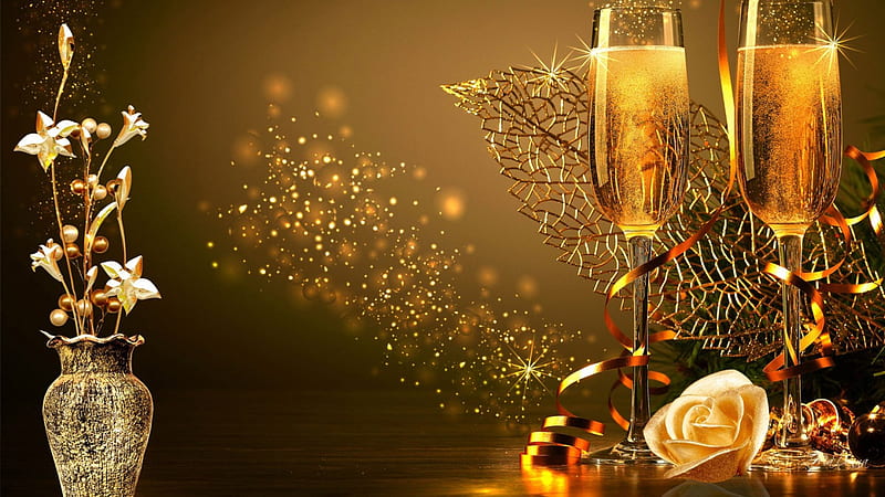 Golden Toast, New Years, rose, ribbon, vase, sparkles, leaves, Valentines Day, gold, anniversary, amber, flowers, champagne, HD wallpaper