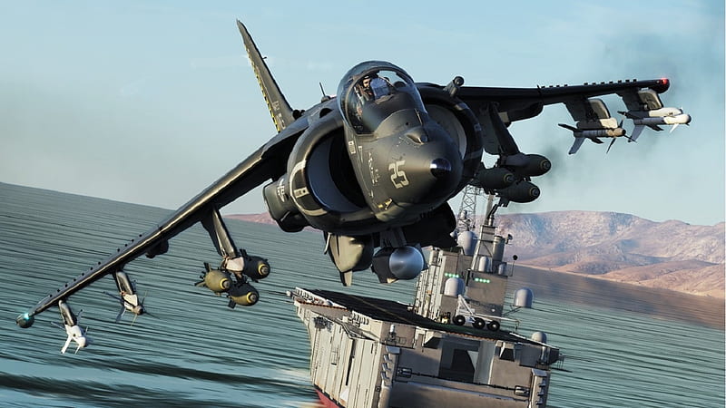 DCS-AV-8B-Harrier-II-PLUS, guided weapons on underwing pylons, LHA in background unknown, artist rendition, us marine air corps, HD wallpaper