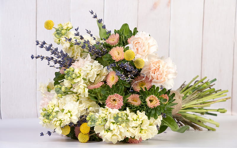 bouquet of flowers, beautiful flowers, carnations, lavender, aster, HD wallpaper