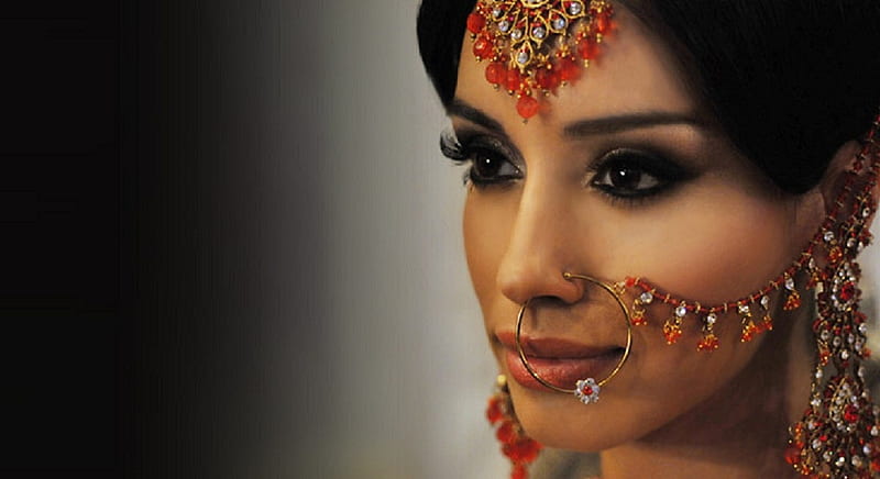 Jewels, woman, brown eyes, jewelery, indian, HD wallpaper