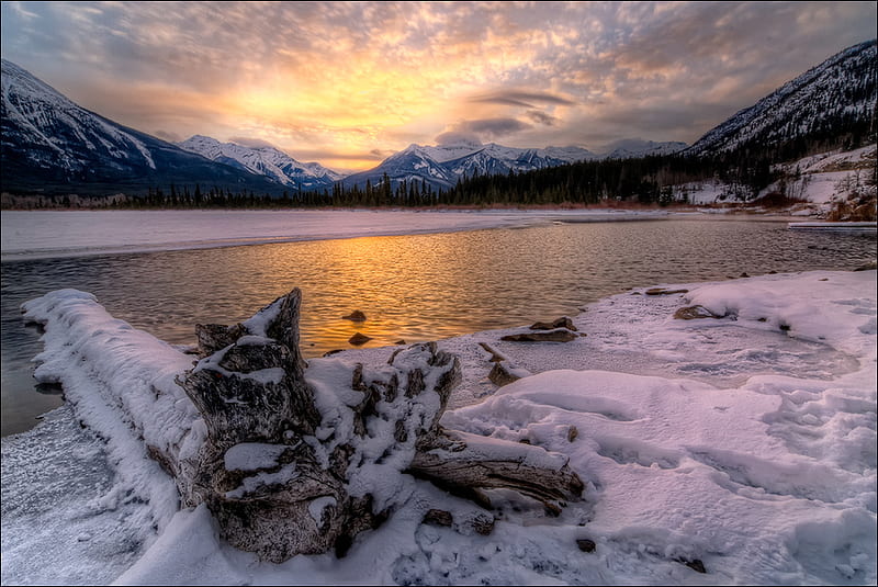 Remains of the Day, snow, mountains, bonito, sunshine, gleaming, lake, winter, canada, HD wallpaper