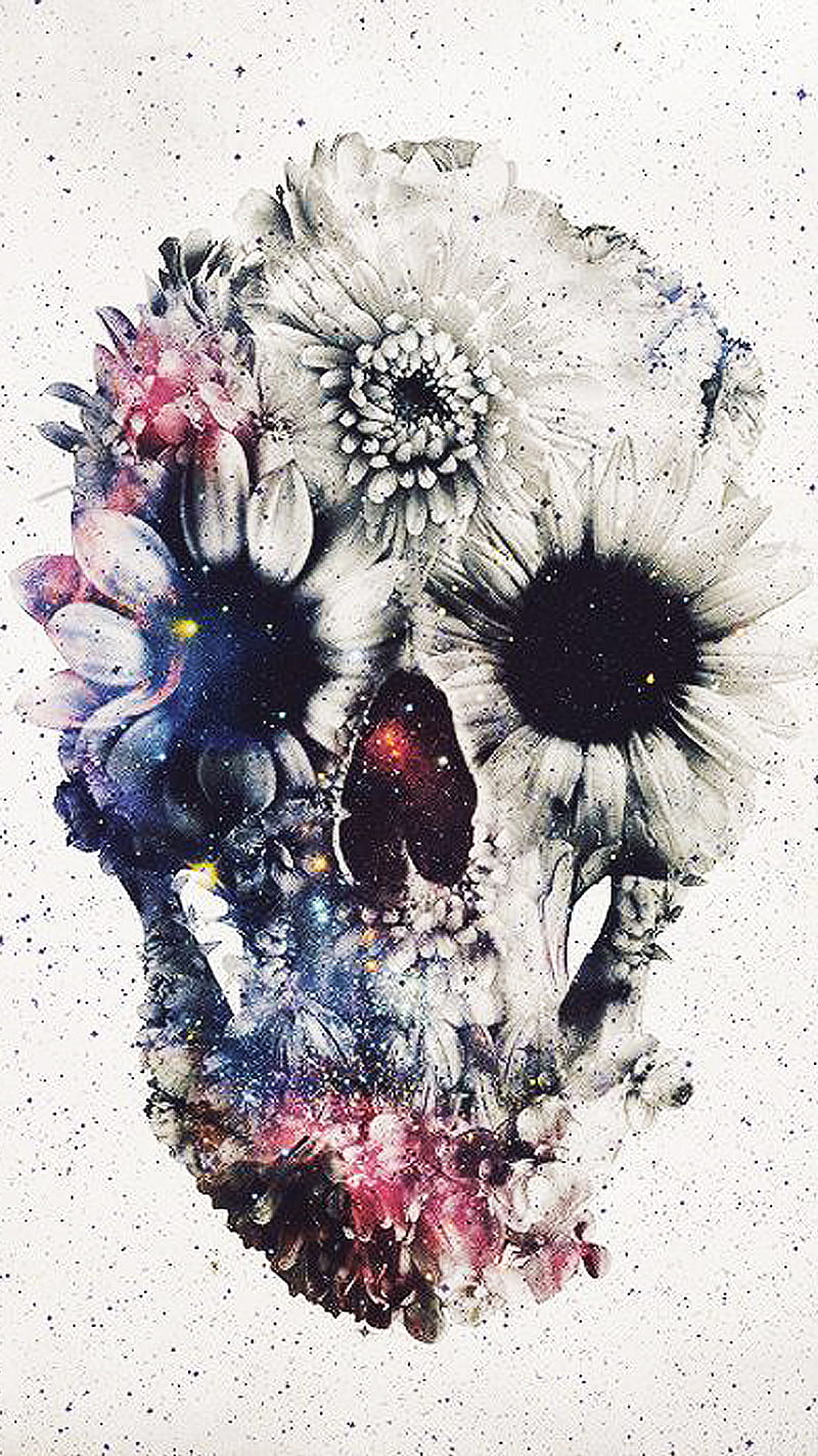 Flower skull, blue, flower, pink, skull, white, HD phone wallpaper