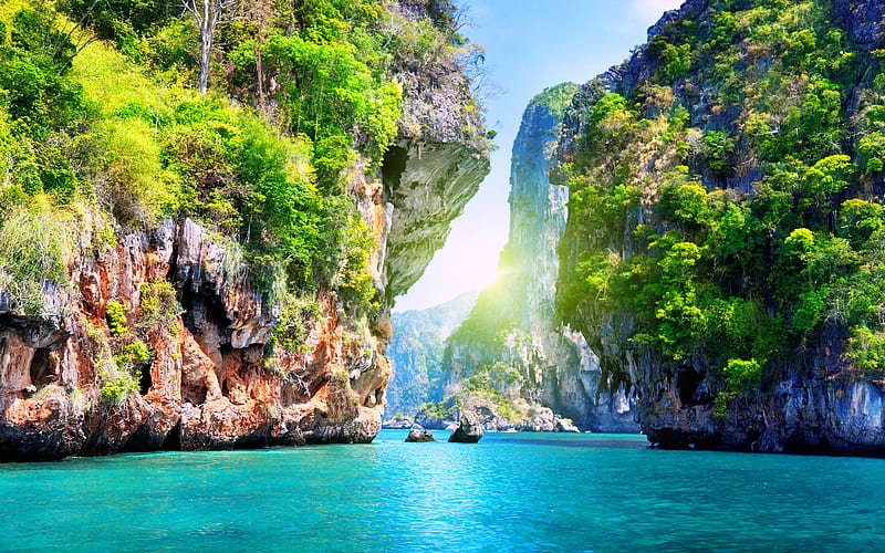 Thailand sea, beach, cliffs, Asia, summer travel, HD wallpaper