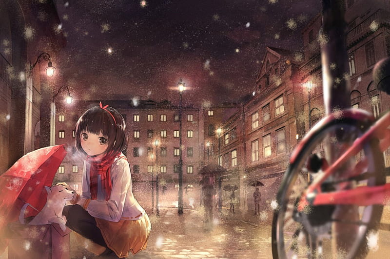 Hot Winter, pretty, house, home, umbrella, bicycle, bonito, adorable, sweet, cold, nice, city, anime, beauty, bike, anime girl, scenery, light, dog, puppy, night, female, lovely, town, winter, building, cute, kawaii, girl, snow, scarf, scene, HD wallpaper