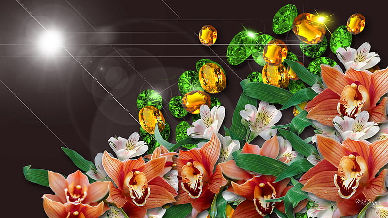 Emeralds Topaz and Blooms, glow, jewels, emeralds, lilies, green, summer, topaz, flares, light, HD wallpaper