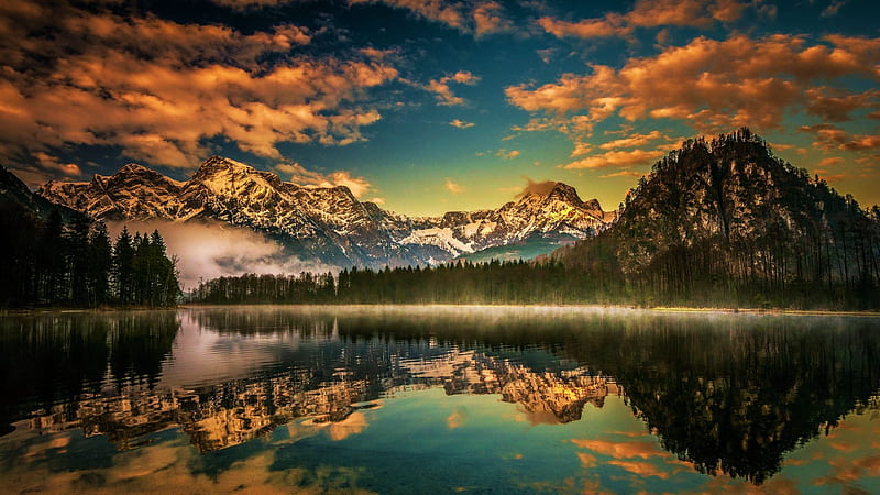 Lake Almsee, Austrian Alps, colors, clouds, sky, alps, mountains, water, reflections, sunset, HD wallpaper