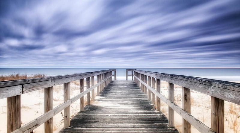 lovely sky over beach boardwalk r, beach, r, boardwalk, clouds, sky, wooden, sea, HD wallpaper