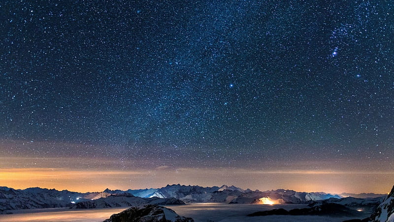 marvelous starry night in winter, stars, mountains, sky, night, winter, HD wallpaper