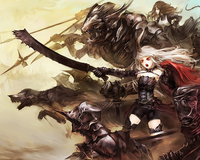 War has Come, badass, pretty, stunning, fighter, white hair, thigh highs, army, bonito, blade, hot, beauty, anime girl, weapon, long hair, sword, wicked, sexy, monsters, cute, cool, warrior, horn, awesome, red eyes, HD wallpaper