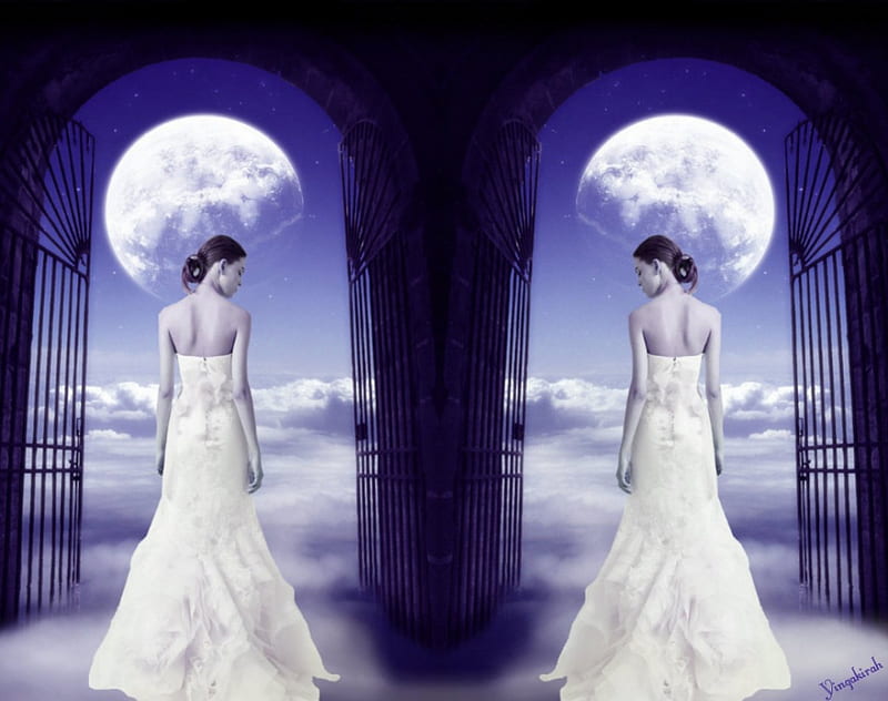 Fantasy girl, gate, fantasy, moon, collage, woman, HD wallpaper