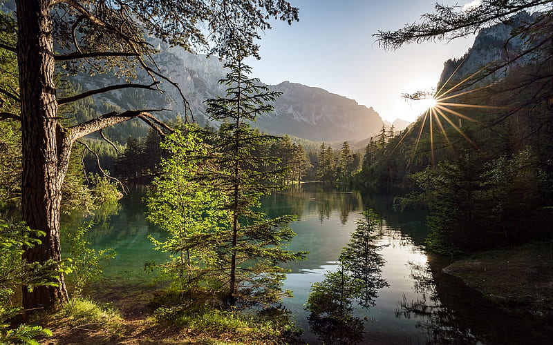 Green Lake, Alps, mountain lake, glacier lake, morning, sunrise, Austria, Styria, HD wallpaper