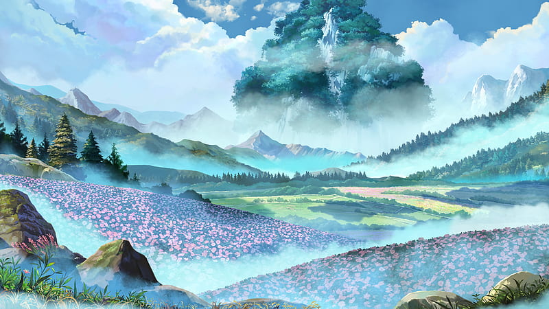 Anime, paisaje, flor, naturaleza, Fondo de pantalla HD | Peakpx
