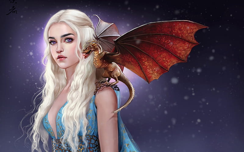 Daenerys Targaryen, red, game of thrones, game, woman, dragon, fantasy, song of ice and fire, beauty, blue, art, wings, girl, purple, amethyst eyes, white, princess, HD wallpaper