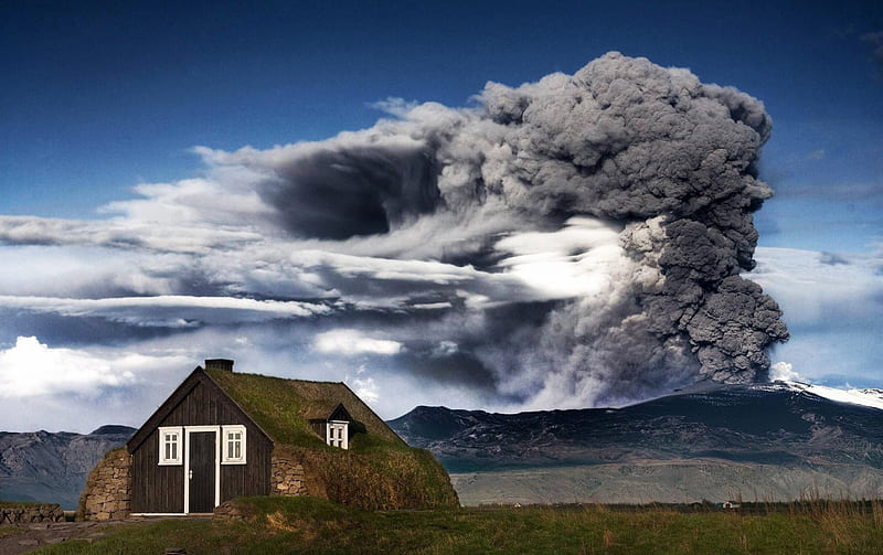 *volcanic eruption*, roof, house, eruption, forces, volcano, green, ash clouds, volcanic, nature, wooden, HD wallpaper
