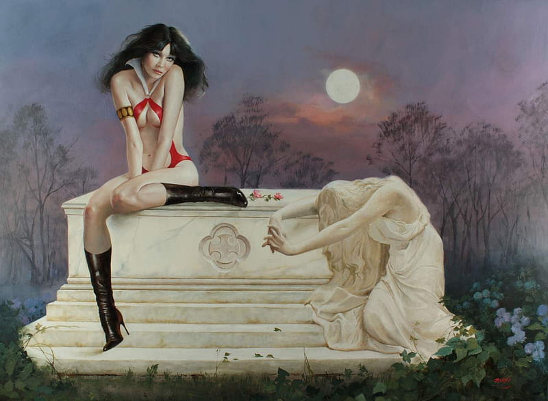 Vampirella~Weeps, tomb, moon, vampirella, weeps, vampire, HD wallpaper