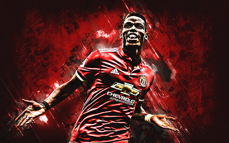 Paul Pogba, French footballer, Manchester United FC, midfielder, portrait, red stone background, cretative art, football, HD wallpaper