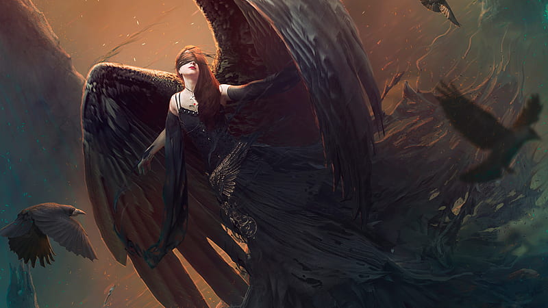 black angel, fallen, feathers, ravens, darkness, Fantasy, HD wallpaper