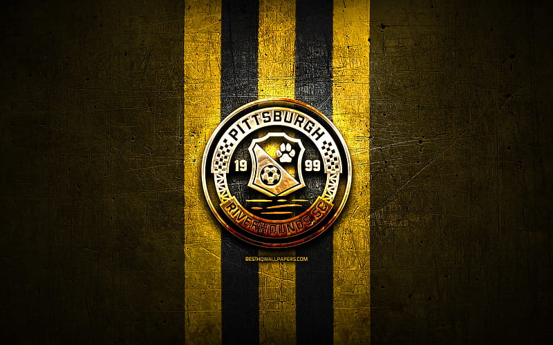 Pittsburgh Riverhounds FC, golden logo, USL, yellow metal background, american soccer club, United Soccer League, Pittsburgh Riverhounds logo, soccer, USA, HD wallpaper