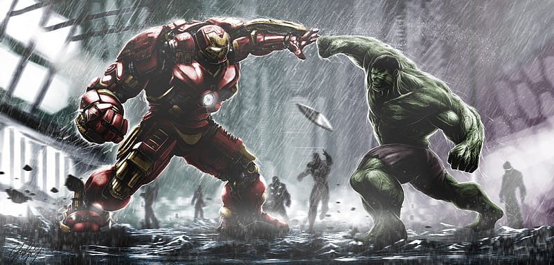 Iron Hulkbuster And Hulk Fight Artwork, iron-man, hulkbuster, hulk, artist, artwork, superheroes, artstation, HD wallpaper