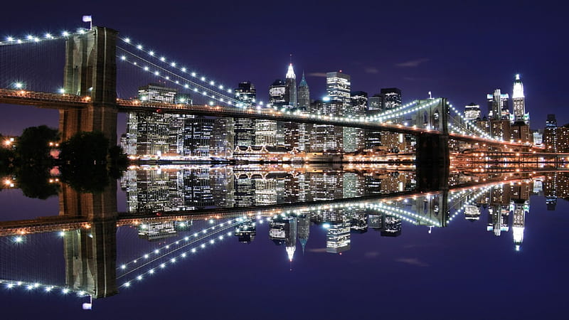 amazing reflection of the brooklyn bridge, city, bridge, river, reflection, lights, night, HD wallpaper