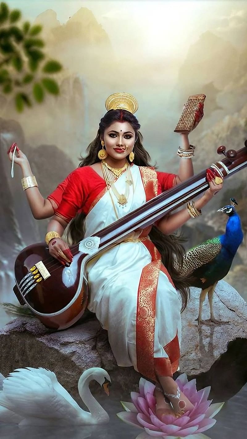 Saraswati Mata Ke, Mountains Background, goddess of knowledge, HD phone wallpaper
