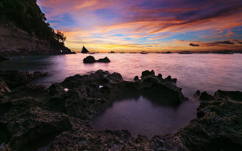 Coastal Sunset Seascape, sunset, nature, rocks, sky, HD wallpaper
