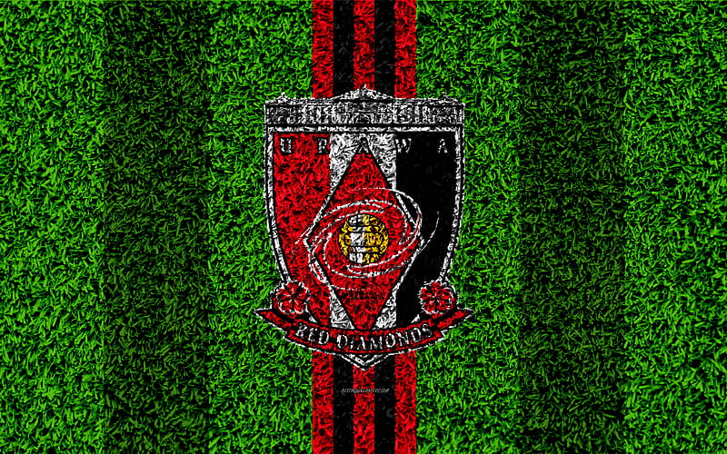 Urawa Red Diamonds FC logo, football lawn, japanese football club, red black lines, grass texture, J1 League, Saitama, japan, football, J-League, FC Urawa, HD wallpaper