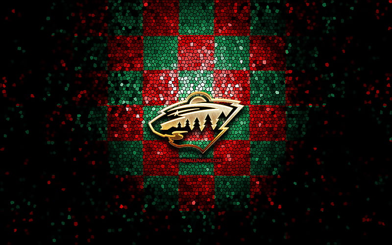 Minnesota Wild, glitter logo, NHL, red green checkered background, USA, american hockey team, Minnesota Wild logo, mosaic art, hockey, America, HD wallpaper