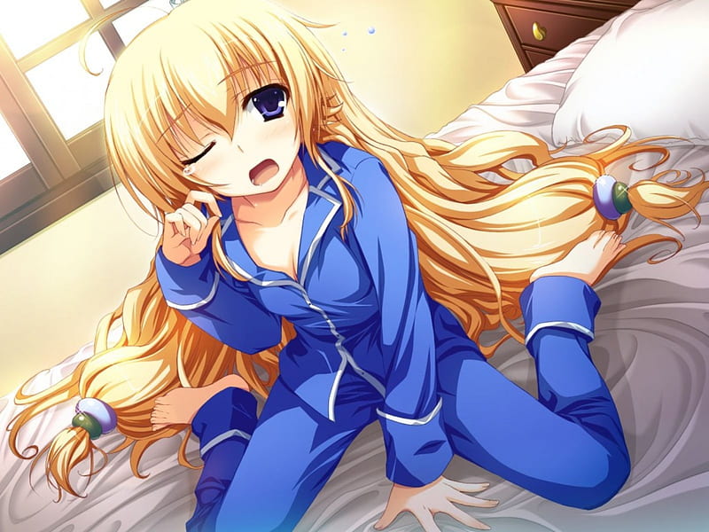Tae Kurayashiki, pajamas, sleep, anime, akatsuki no goei, yellow, anime girl, blue, HD wallpaper