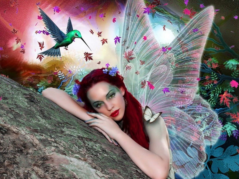 Fantasy, red, world, long, bonito, woman, hair, leaves, young, butterfly, dreamer, flowers, face, pink, lovely, fantastic, colors, birds, abstract, lips, HD wallpaper