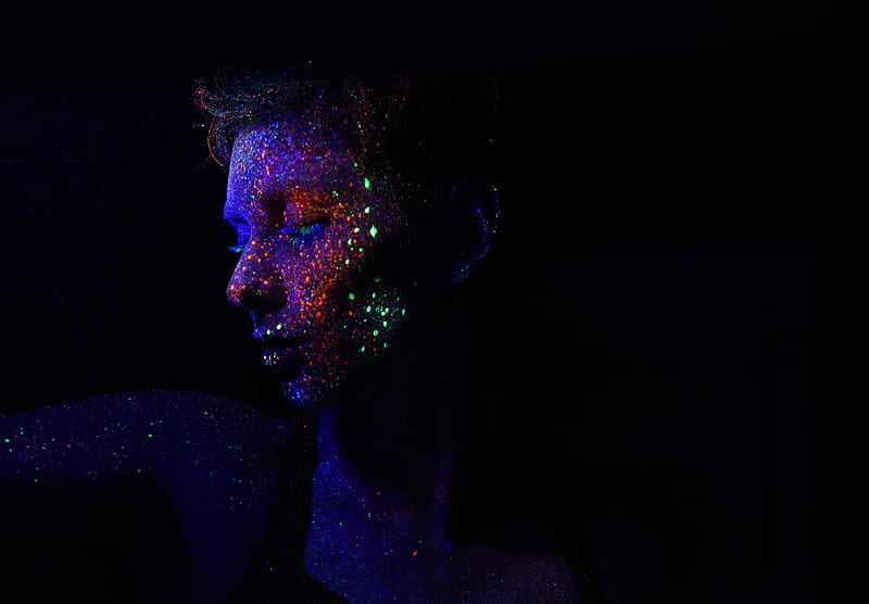 person in dark background with galaxy effects on face, HD wallpaper