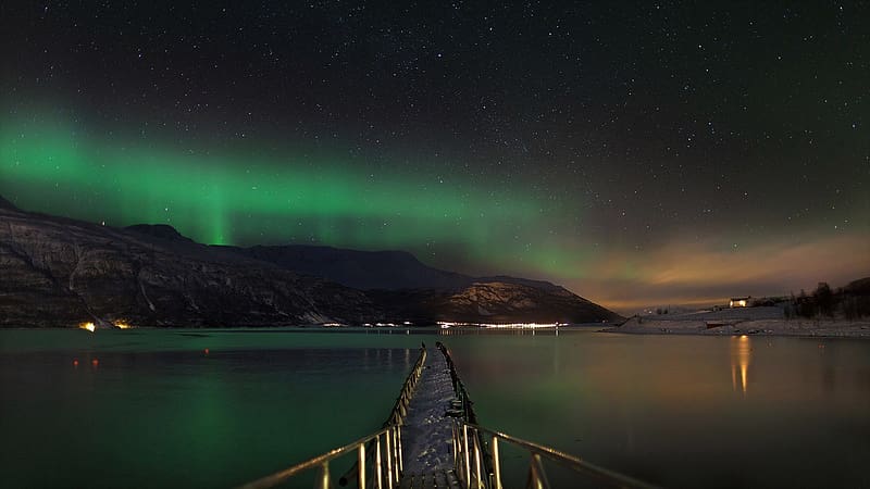Winter, Night, Snow, Mountain, Lake, , Aurora Borealis, Norway, , Lofoten, HD wallpaper