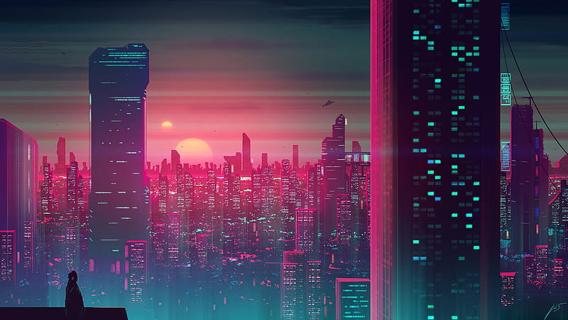 Day and night, city, fantasy, buildings, neon, sunset, pink, joey jazz, blue, luminos, HD wallpaper