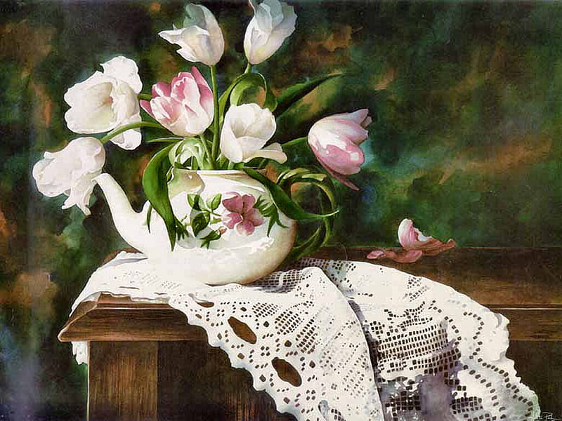 Teatime Tulips F1, art, arleta pech, romance, artwork, pech, floral, teapot, love, painting, flower, beauty, tulips, HD wallpaper