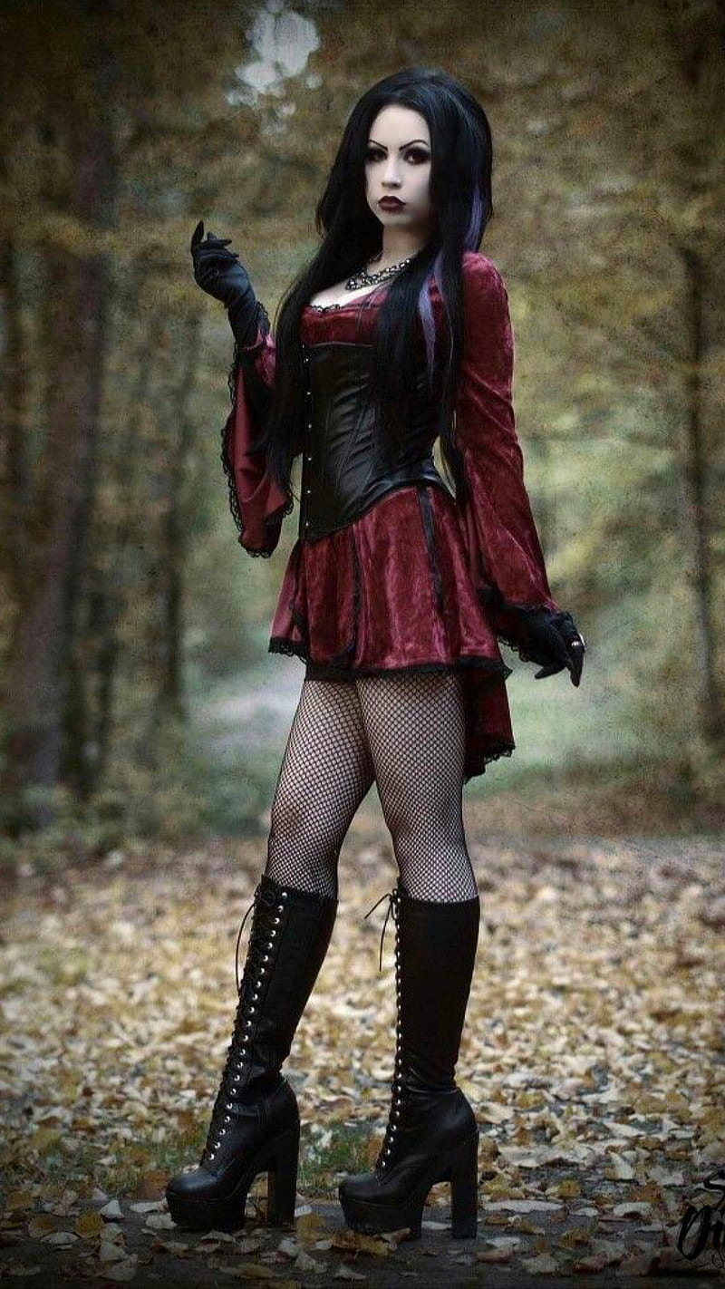 Cosplay in red, black gloves, boots, forest, girl, gloves, pretty, red  dress, HD phone wallpaper