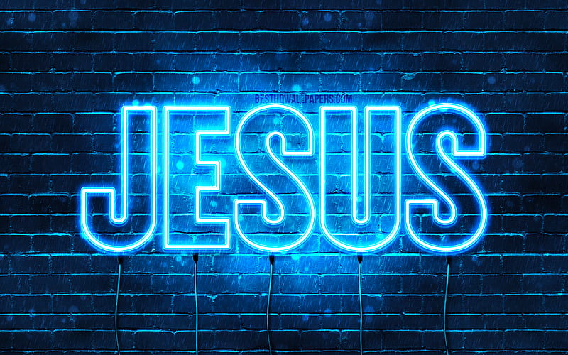 Jesus with names, horizontal text, Jesus name, blue neon lights, with Jesus name, HD wallpaper