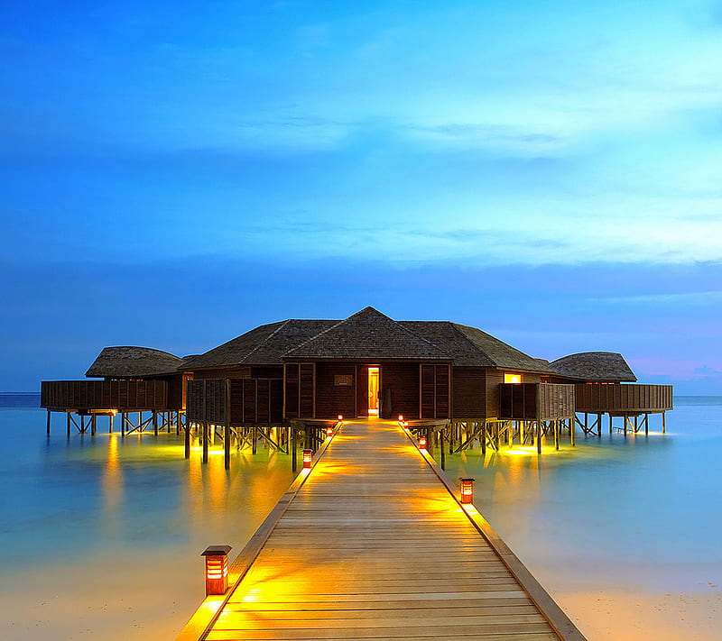Maldives, beach, hut, landscape, light, paradise, sea side, yellow, HD wallpaper
