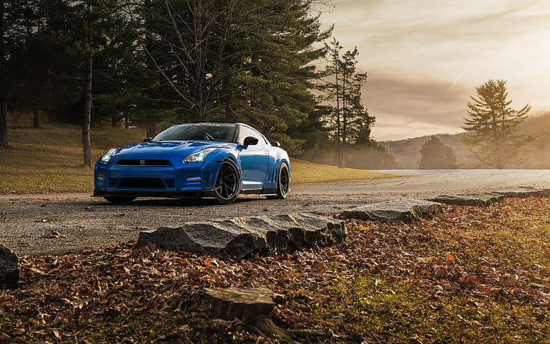 Nissan GT-R, sports coupe, tuning, black wheels, Japanese sports cars, Blue GT-R, Nissan, HD wallpaper