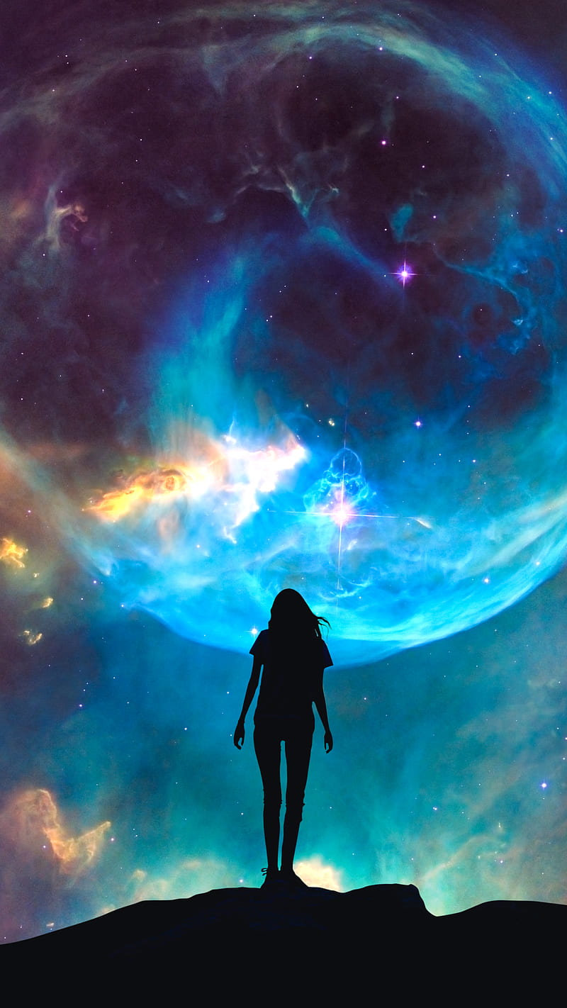 girl infront of space, Circlestances, art, bizarre, blue, clouds, cool cosmos, cosmos, galaxy, girl, planet, silhouette, space, stars, surreal, HD phone wallpaper