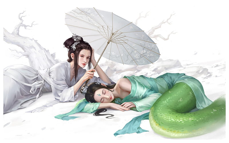 girl, green, white snake, wenfei ye, parasol, couple, frumusete, luminos, fantasy, asian, HD wallpaper