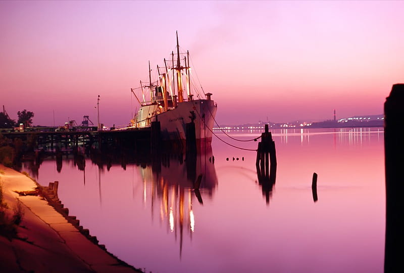 Virginia Dockyard, sunset, river, potomac river, boat, HD wallpaper