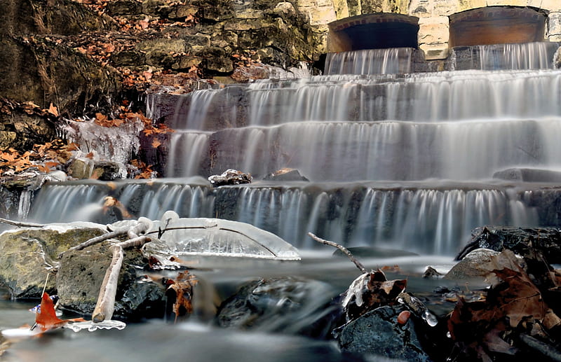 Winter Falls, frigid falls, water stream, winter park, water flow, HD wallpaper