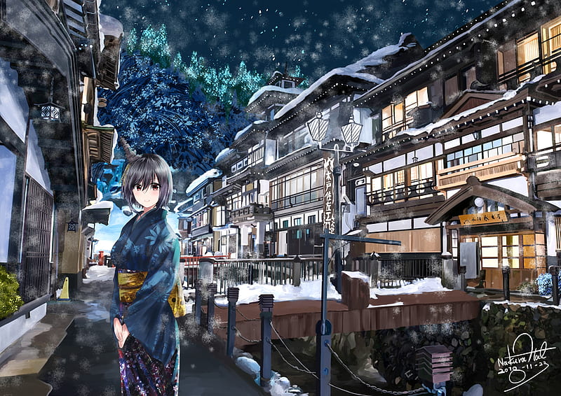 anime girl, christmas 2018, winter, kimono, snow, Anime, HD wallpaper