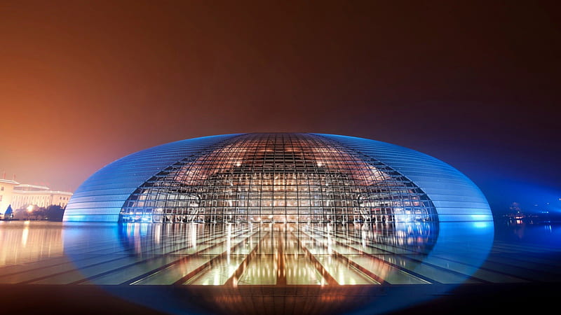 chinese grand theater, glass, city, theater, blue, HD wallpaper