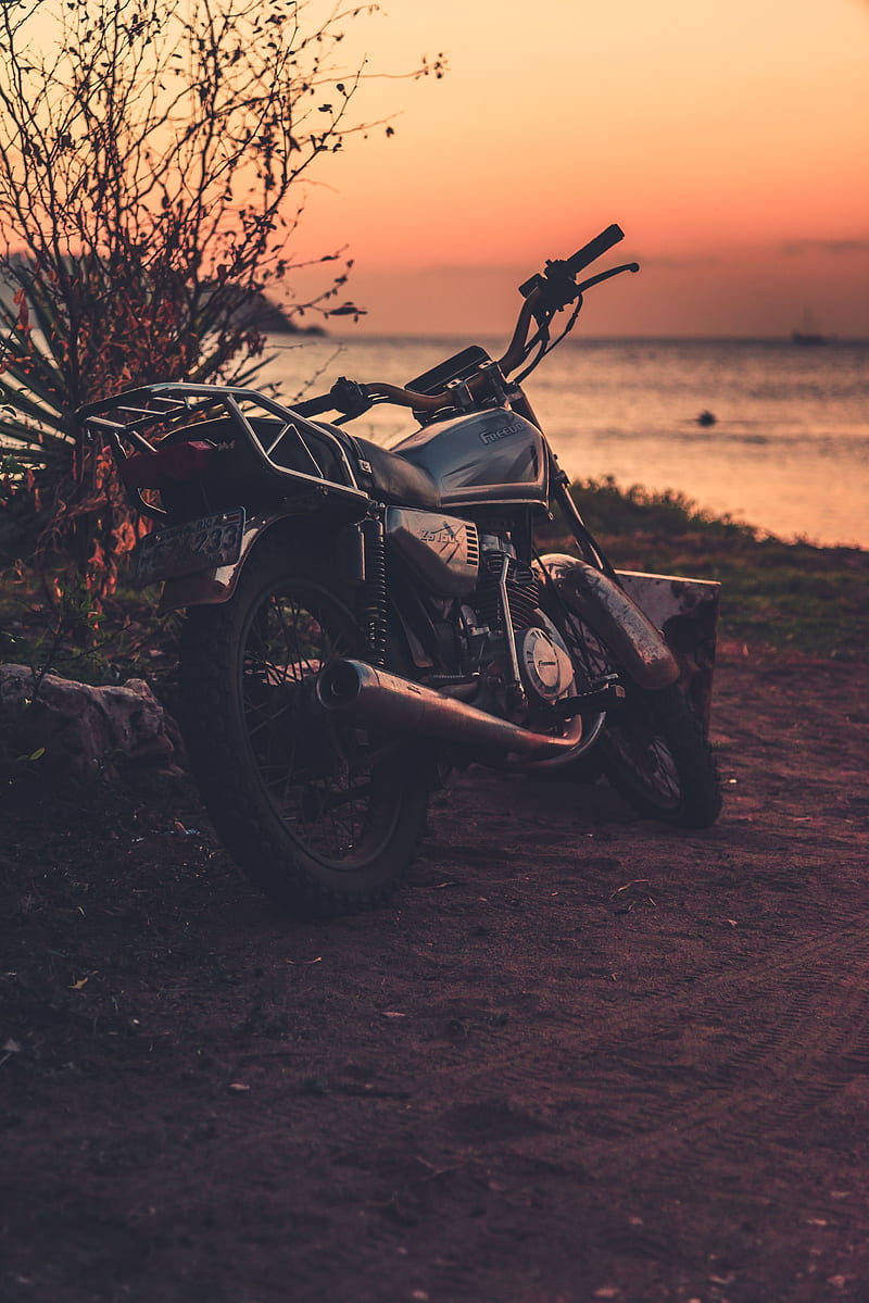 motorcycle, motor, rear view, sunset, HD phone wallpaper